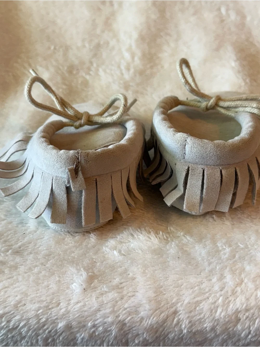 Soft Cream Moccasin Baby Shoes with Fringe Tie